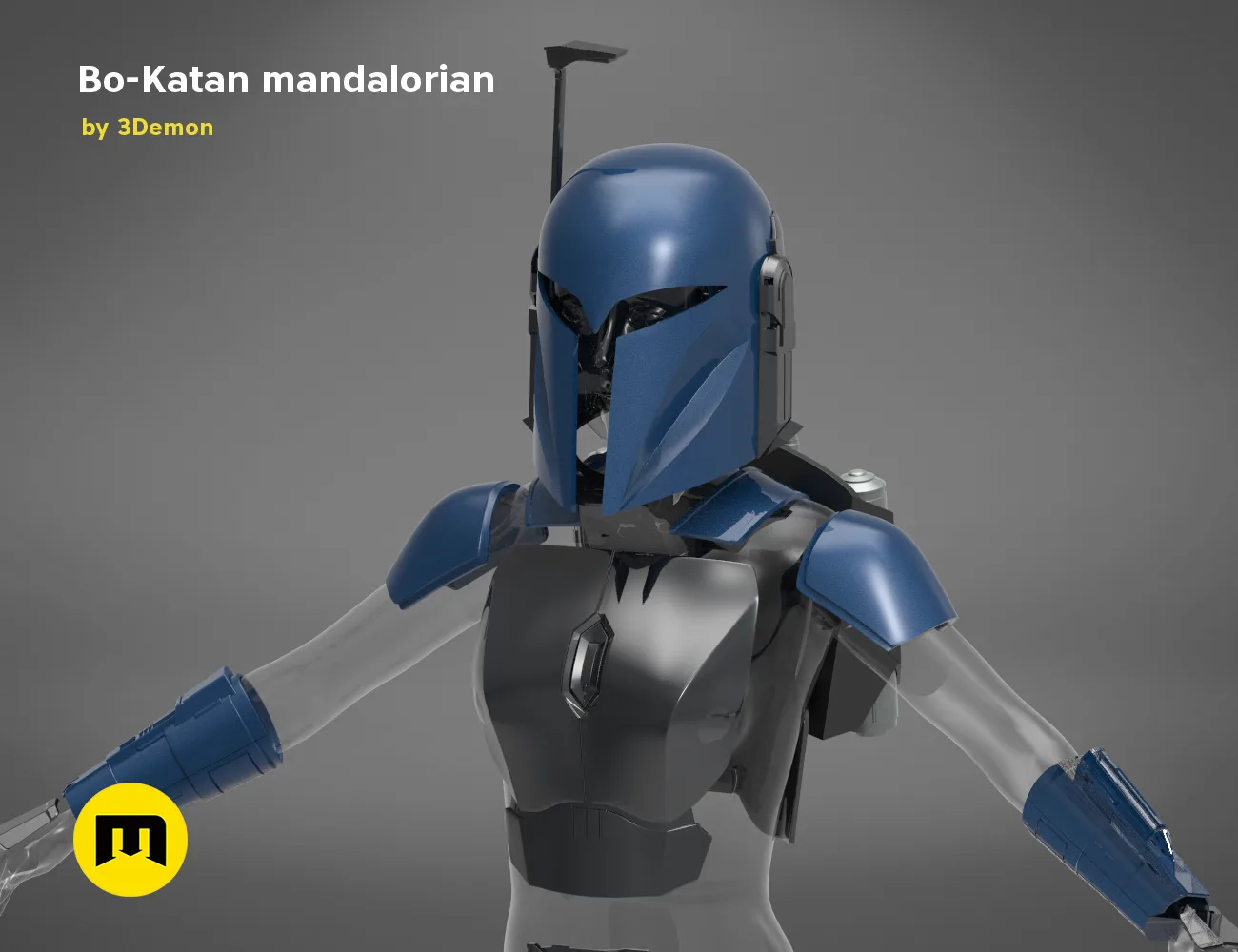3D model render of Bo-Katan Mandalorian helmet, blue armored cosplay prop, side view STL