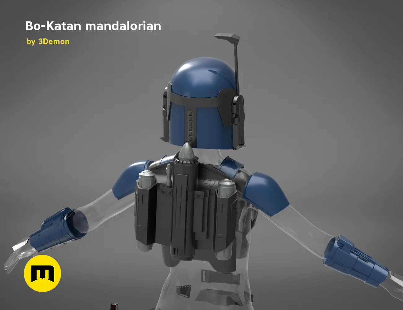3D model render of Bo-Katan Mandalorian helmet, blue armor with detailed backplate, 3D print cosplay prop