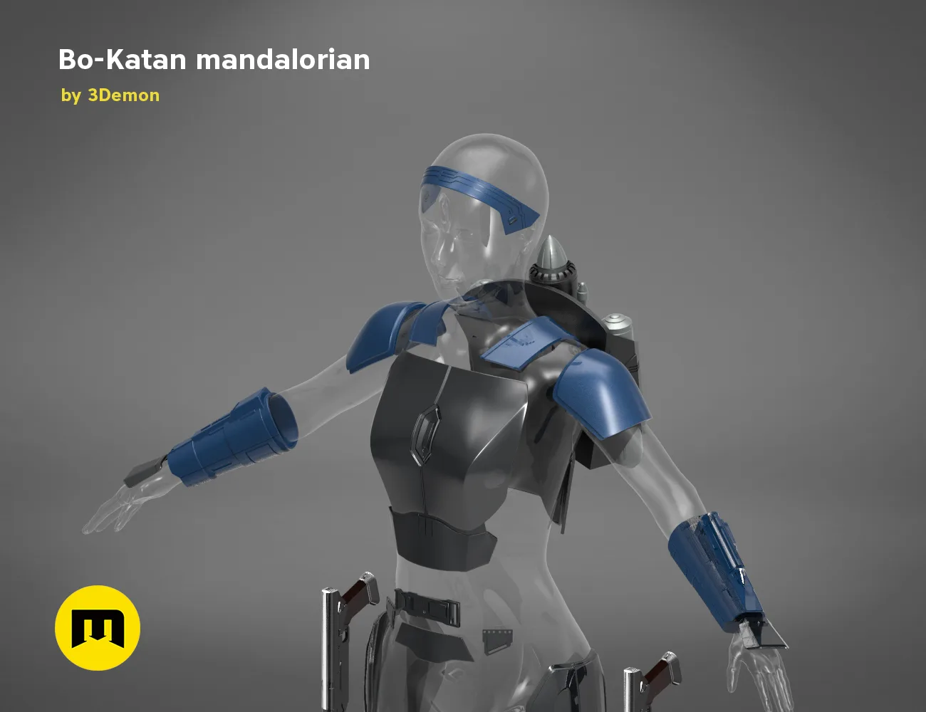 3D model render of Bo-Katan Mandalorian headband, blue accents, Star Wars cosplay prop