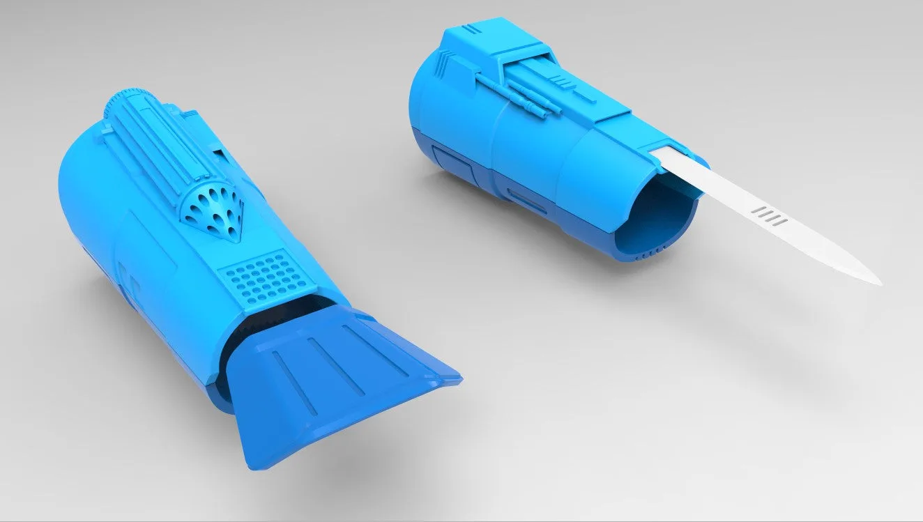 Color-coded parts breakdown of Gauntlets Bo-Katan Mandalorian, dual-blade assembly guide, 3D print cosplay prop