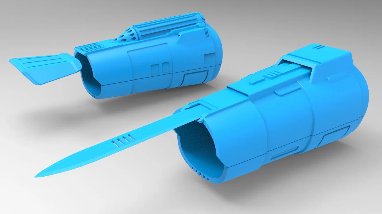 Exploded view of Gauntlets Bo-Katan Mandalorian, blue dual-blade cosplay prop, 3D printed weapon parts