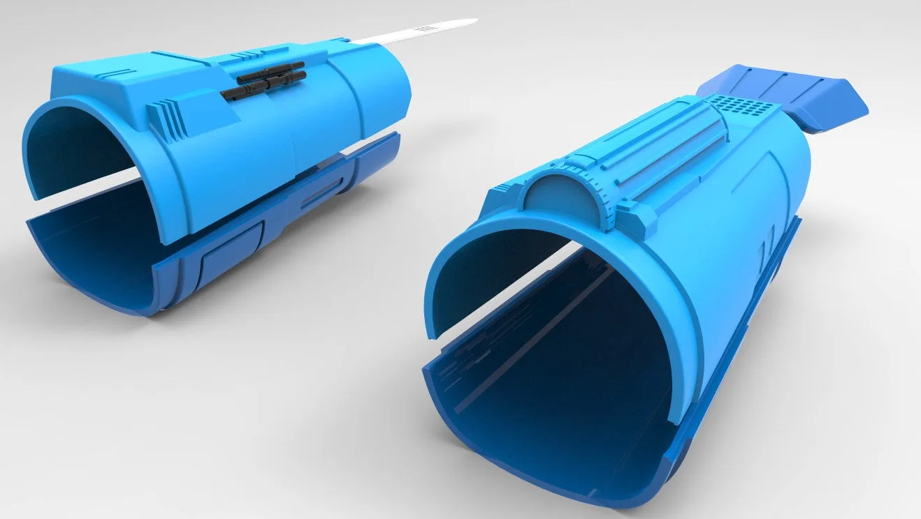Exploded view of Gauntlets Bo-Katan Mandalorian, dual-blade assembly guide, 3D print cosplay prop