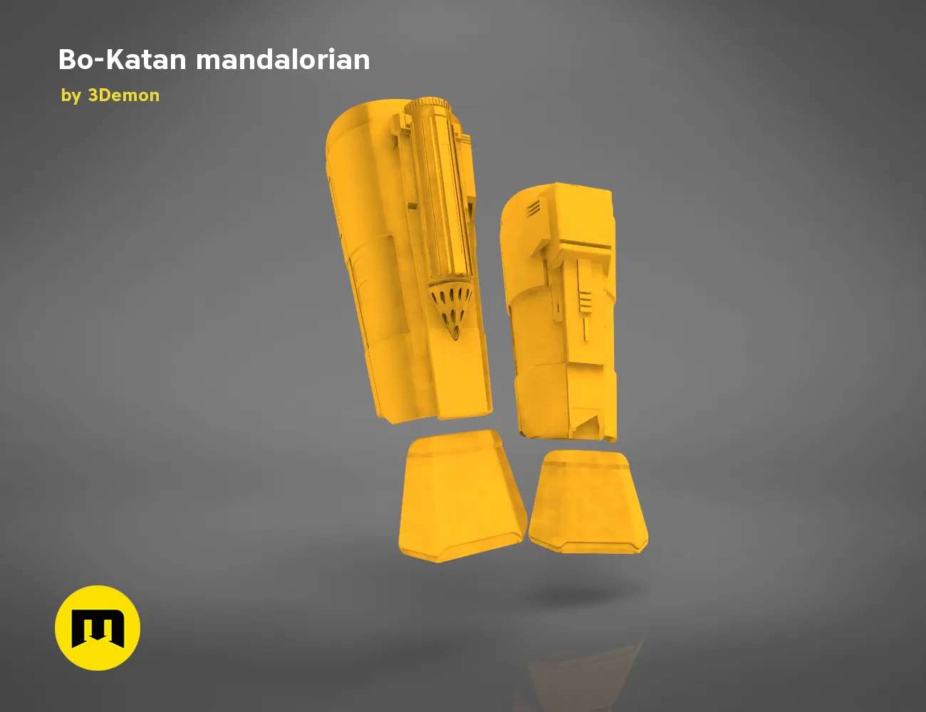 Exploded view of Gauntlets Bo-Katan Mandalorian, yellow 3D printed cosplay prop parts
