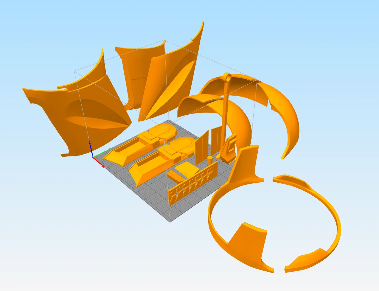 Exploded view of Helmet Bo-Katan Mandalorian STL, orange 3D printed cosplay armor parts