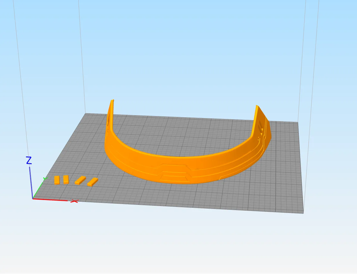 Slicer screenshot of Headband Bo-Katan Mandalorian STL, orange parts on print bed, 3D print cosplay prop