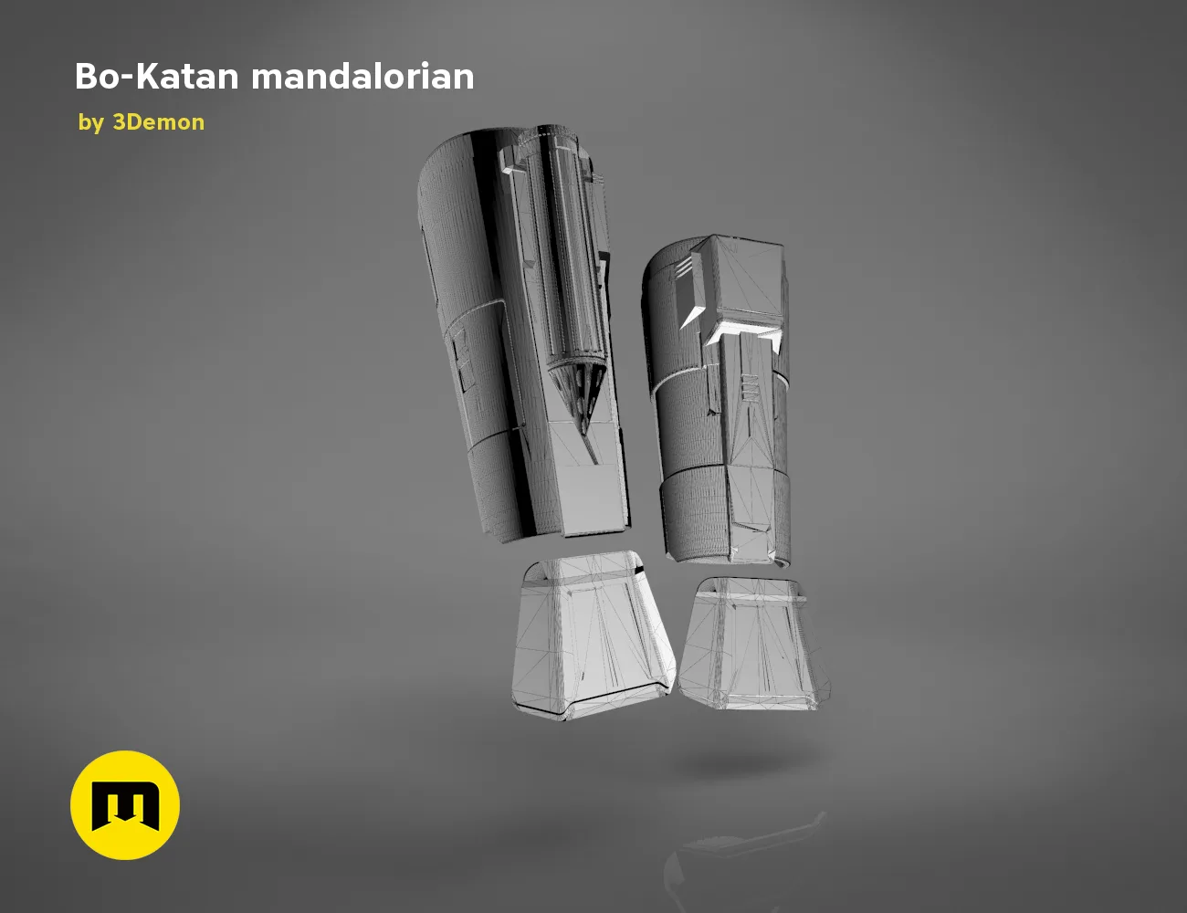 Wireframe mesh render of Gauntlets Bo-Katan Mandalorian STL, dual-blade weapon 3D print cosplay prop