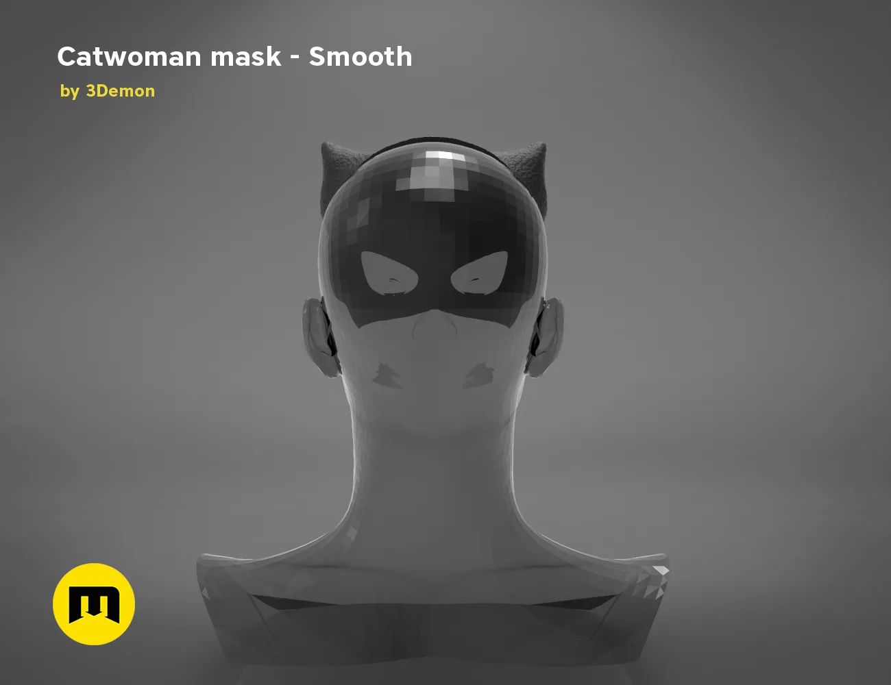 3D model render of Catwoman comics mask, smooth black cosplay prop, front view