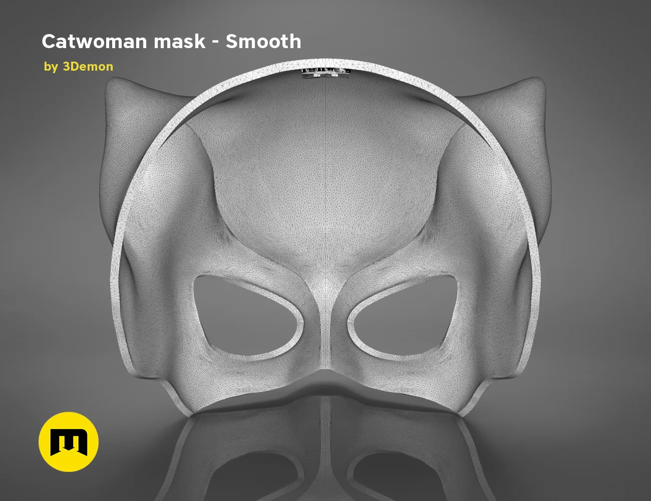 3D model render of Catwoman comics mask, smooth grey STL preview for 3D print cosplay prop