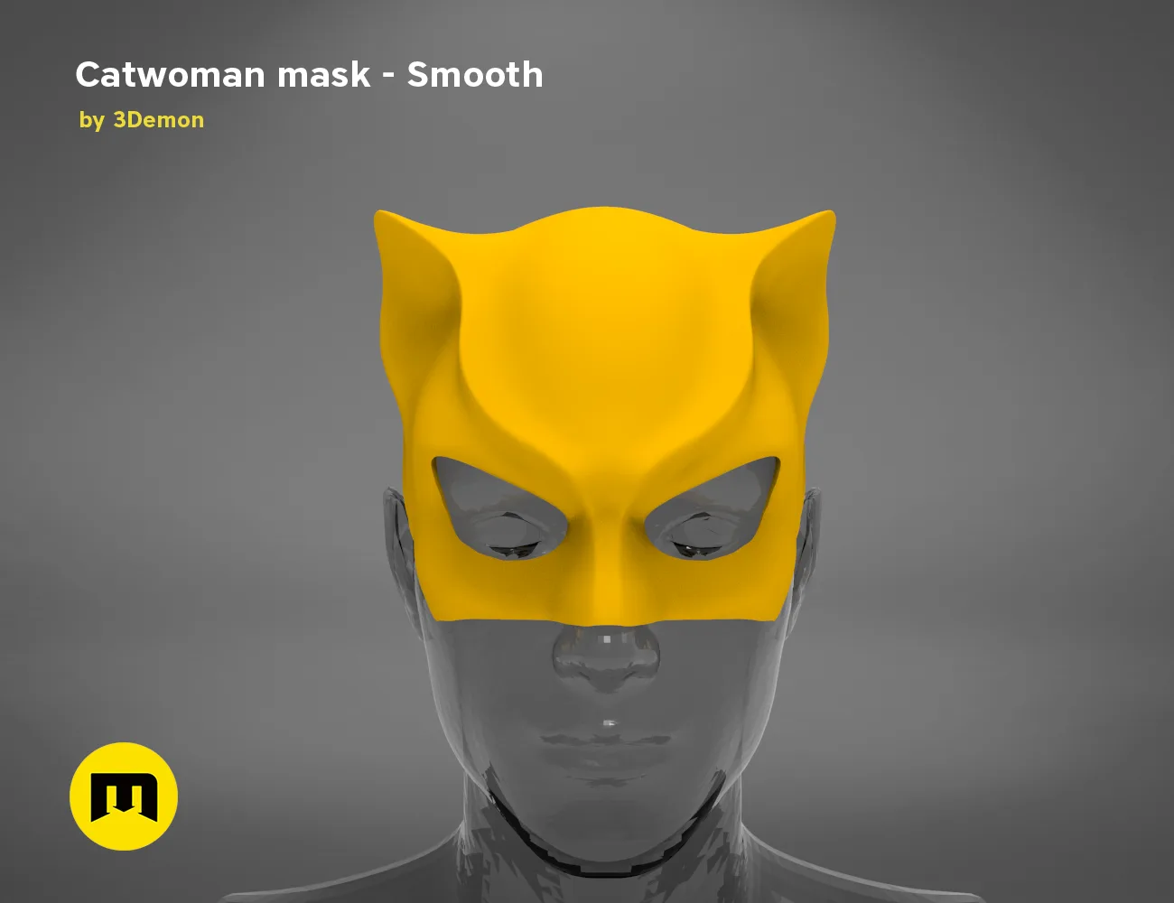 3D model render of Catwoman comics mask, smooth yellow cosplay prop, front view STL