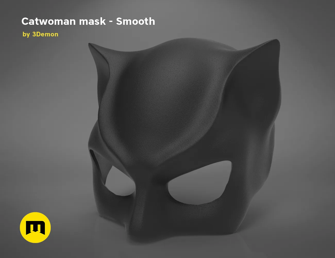 3D visualization of Catwoman comics mask, smooth black 3D print cosplay prop, front view
