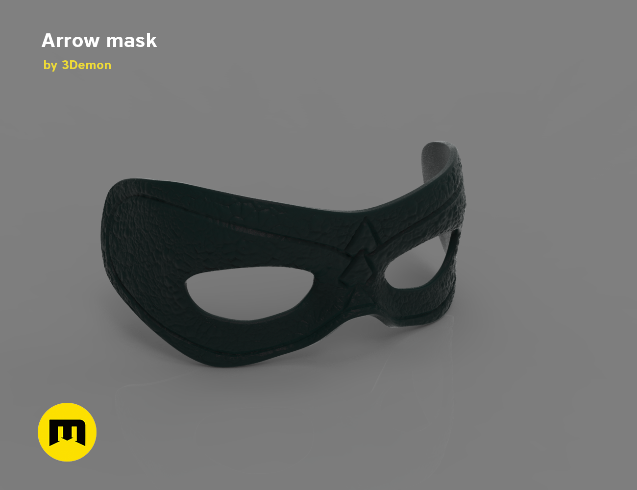 3D model render of Arrow mask, sleek black 3D print cosplay accessory with eye cutouts