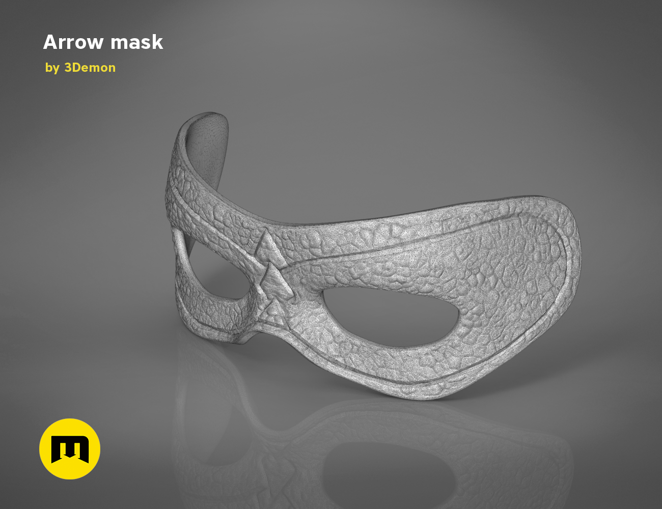 Wireframe mesh render of Arrow mask STL, detailed mesh topology with textured surface, 3D print cosplay prop