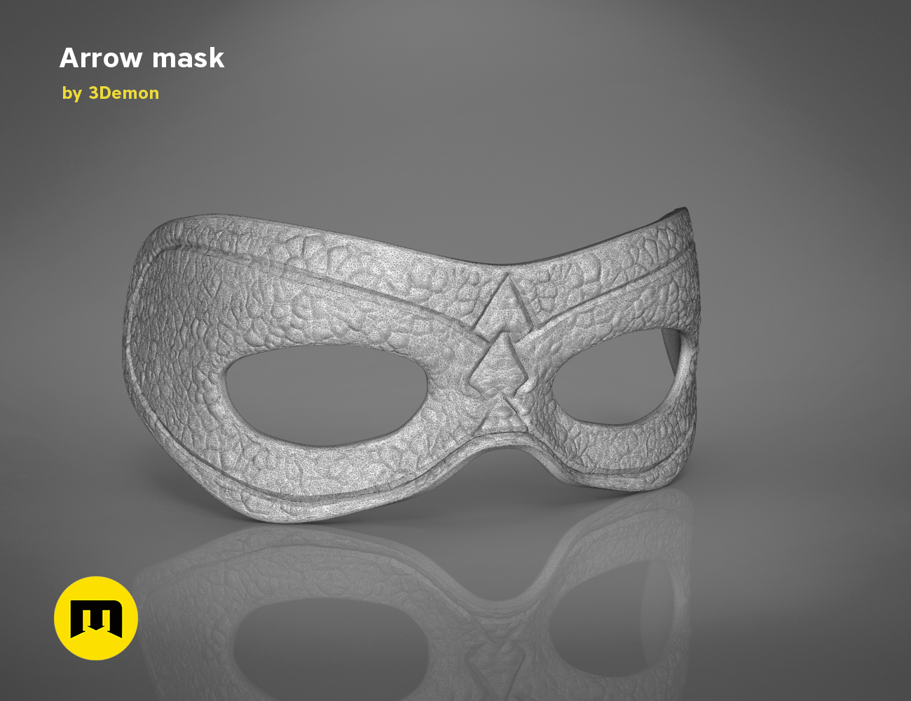 3D model render of Arrow mask, textured metallic cosplay prop with eye cutouts, 3D print