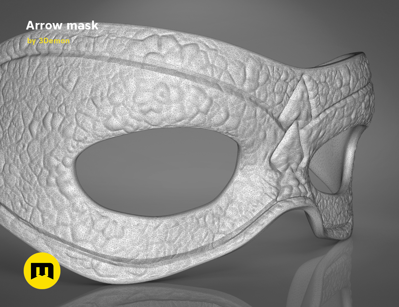 Wireframe mesh render of Arrow mask STL, detailed side mesh topology with strap and eye cutout, 3D print cosplay prop