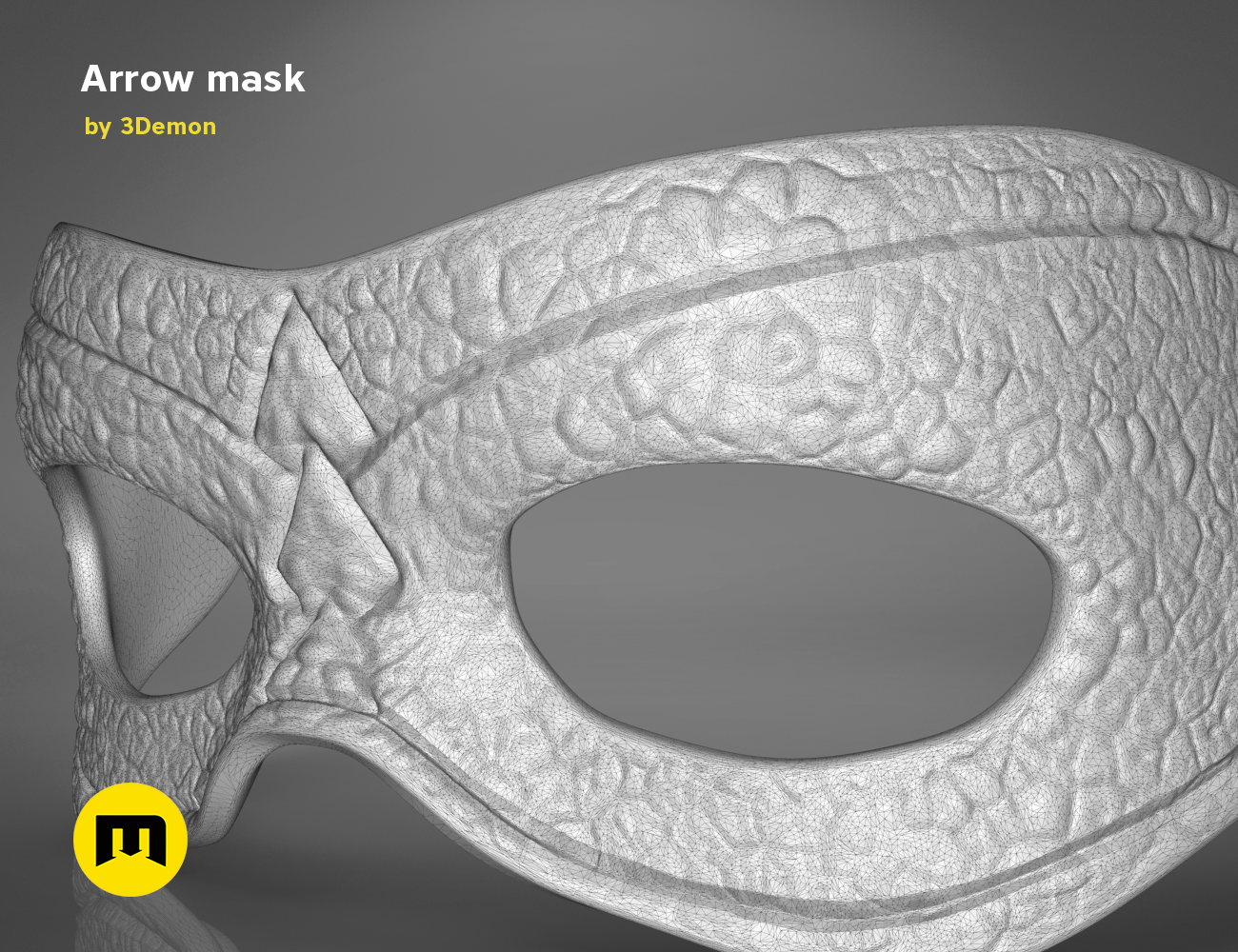 Wireframe mesh render of Arrow mask STL, detailed side polygon structure, 3D print cosplay prop