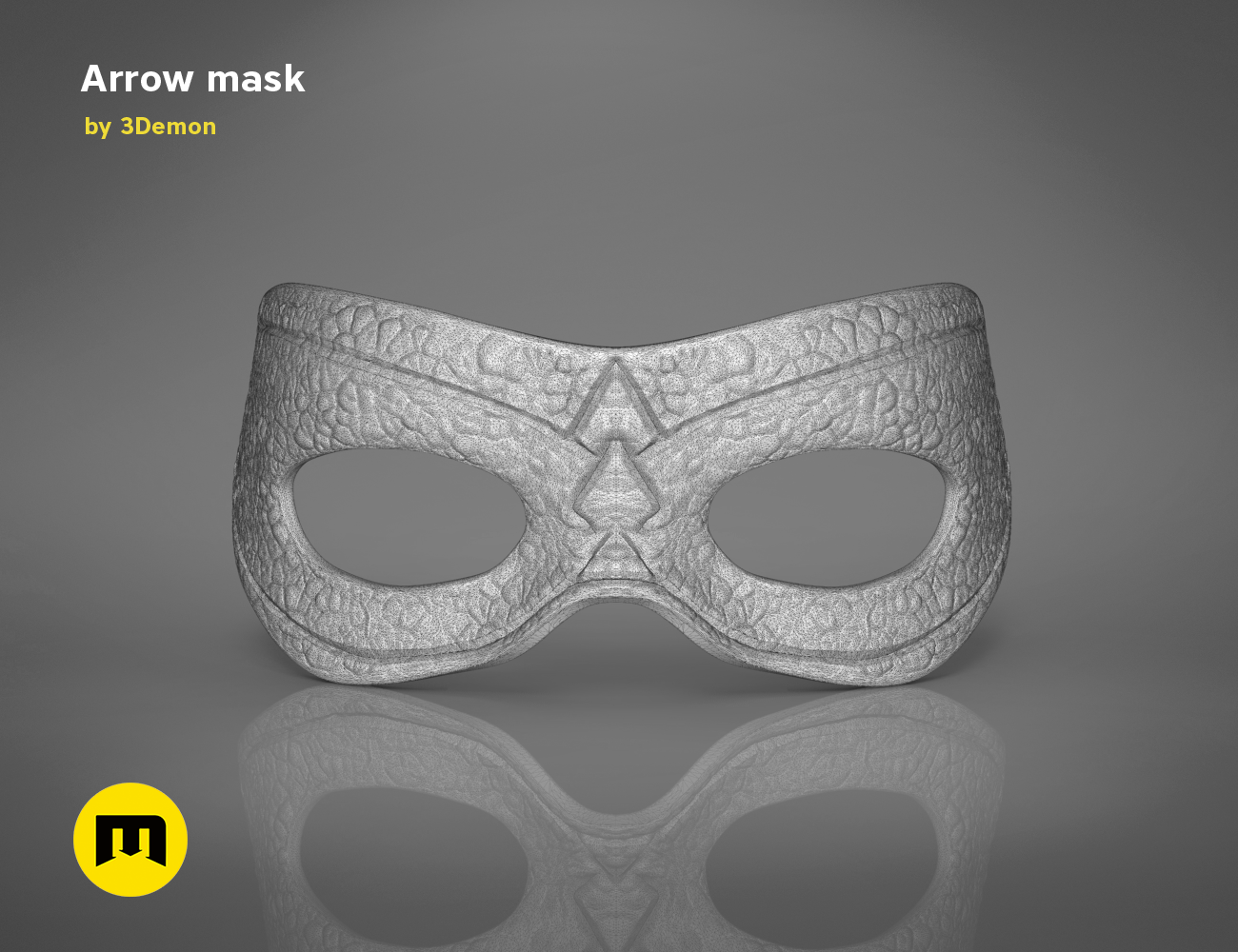 Wireframe mesh render of Arrow mask STL, detailed front topology with star emblem, 3D print cosplay prop