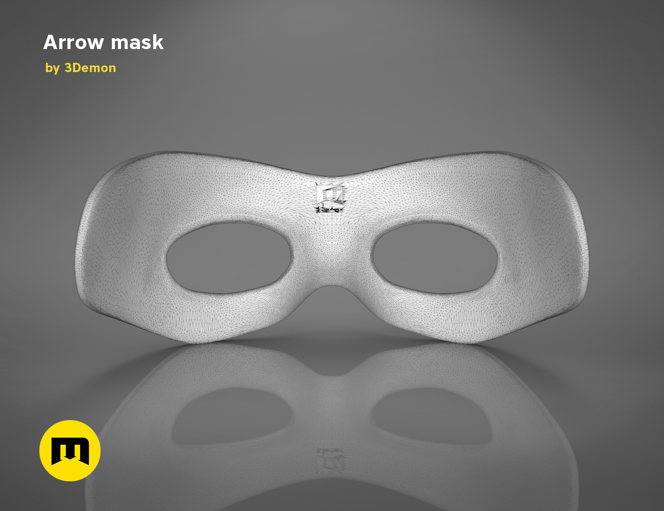 Wireframe mesh render of Arrow mask STL, front mesh detail with eye cutouts, 3D print cosplay prop