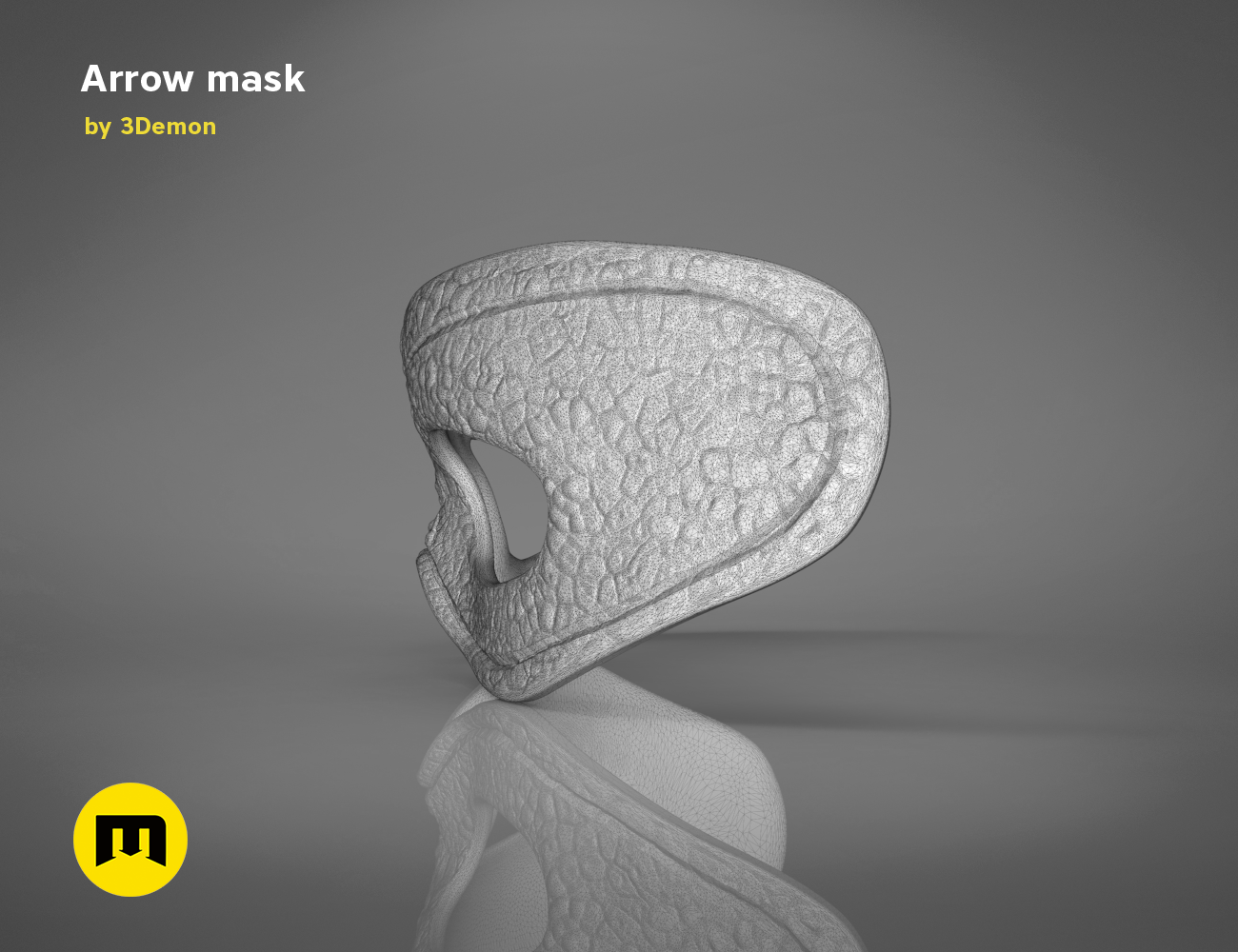 Wireframe mesh render of Arrow mask STL, detailed front mesh topology for 3D print cosplay prop
