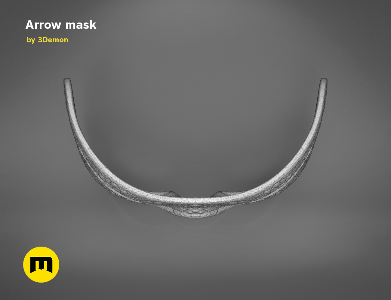 3D visualization of Arrow mask STL, curved face shield with detailed texture, 3D print cosplay prop