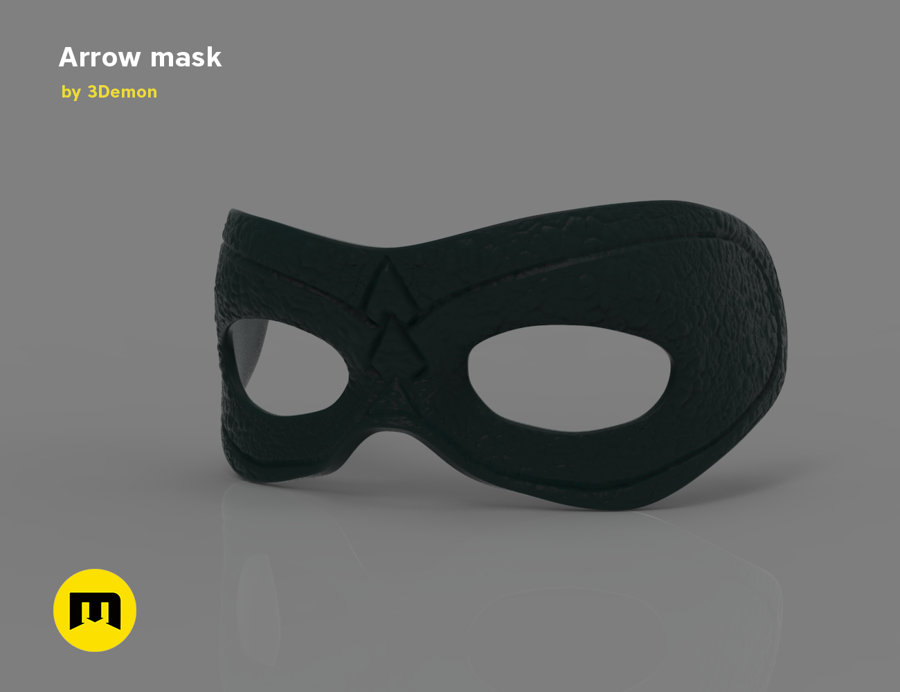 3D model render of Arrow mask, black leather-style cosplay prop with eye cutouts, 3D print