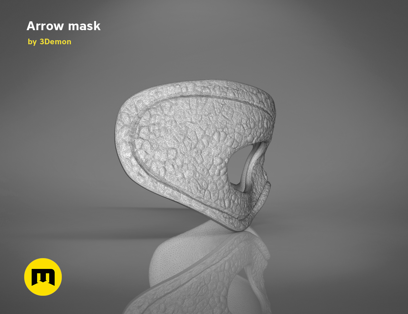Wireframe mesh render of Arrow mask STL, detailed front mesh topology for 3D print cosplay prop
