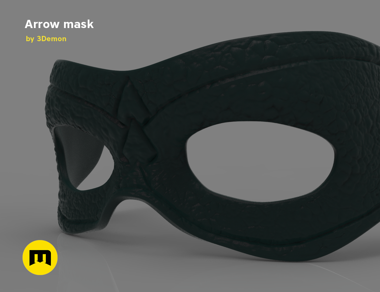 3D model render of Arrow mask, black textured cosplay prop, side view STL