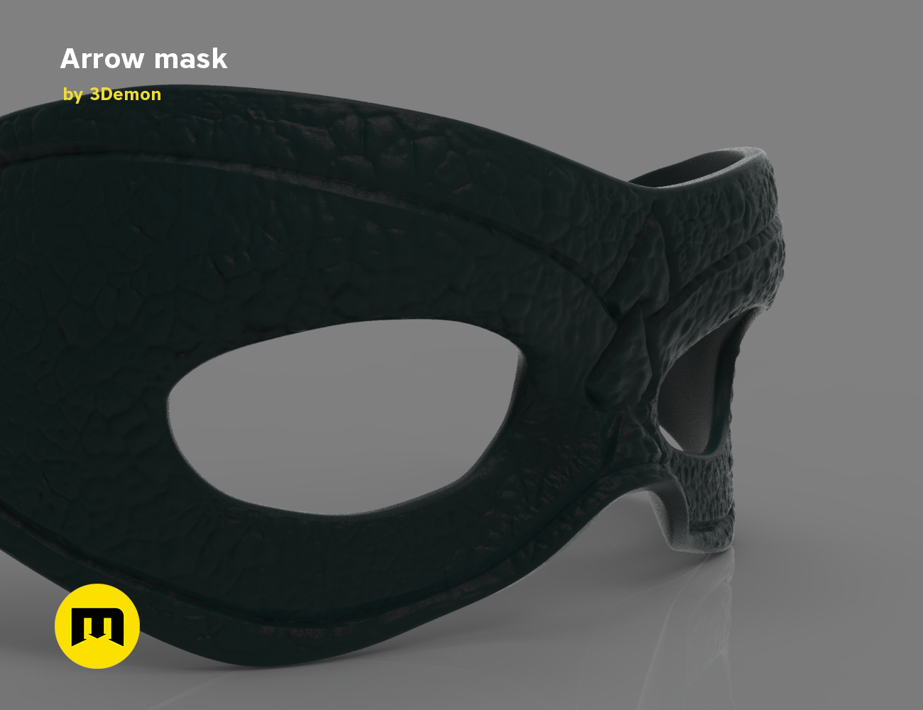 3D model render of Arrow mask, side view with detailed strap texture, 3D print cosplay prop