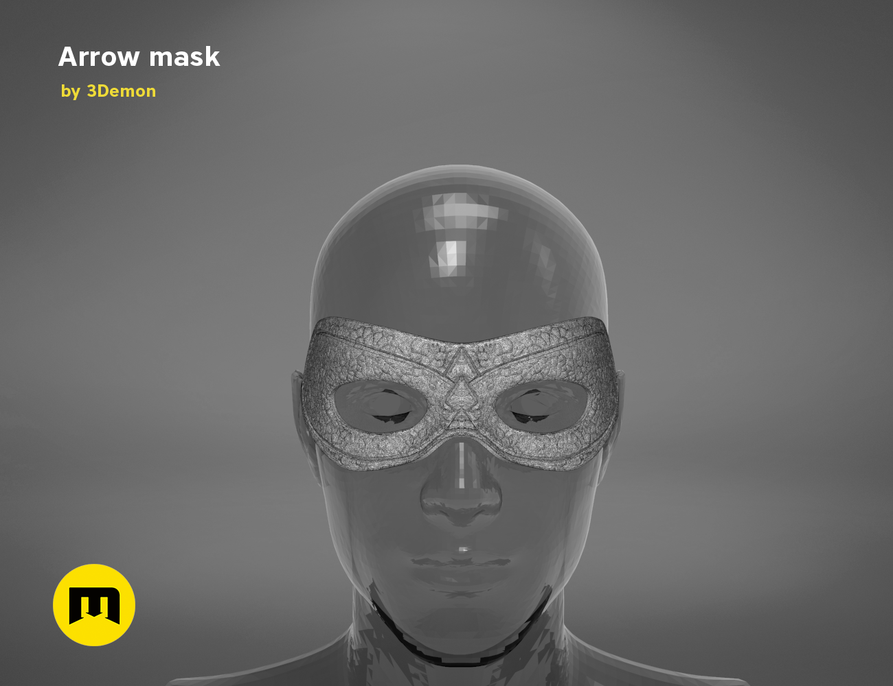 3D model render of Arrow mask, sleek futuristic cosplay prop with dome helmet and goggles