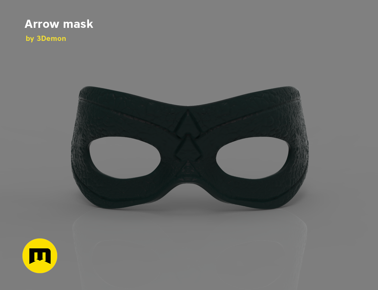 3D model render of Arrow mask, black textured cosplay prop with eye cutouts, 3D print
