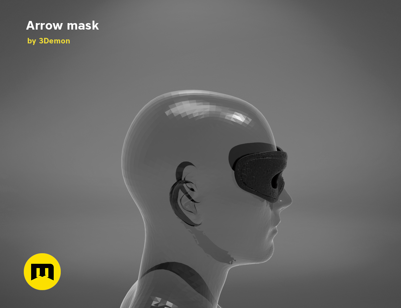 3D visualization of Arrow mask STL, side view with black visor detail, 3D print cosplay prop