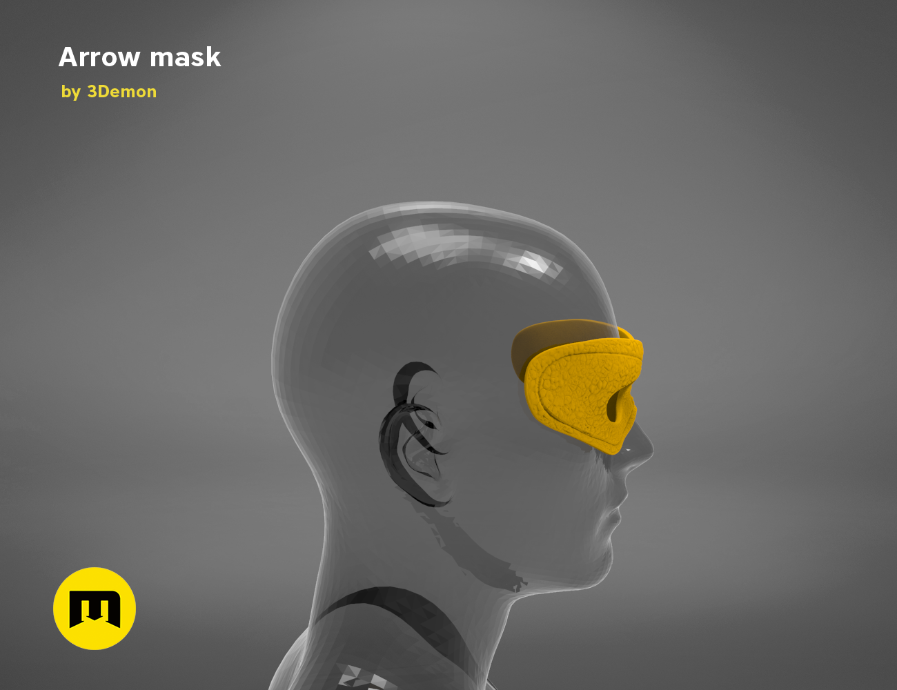 3D model render of Arrow mask, yellow forehead protector, 3D print cosplay accessory