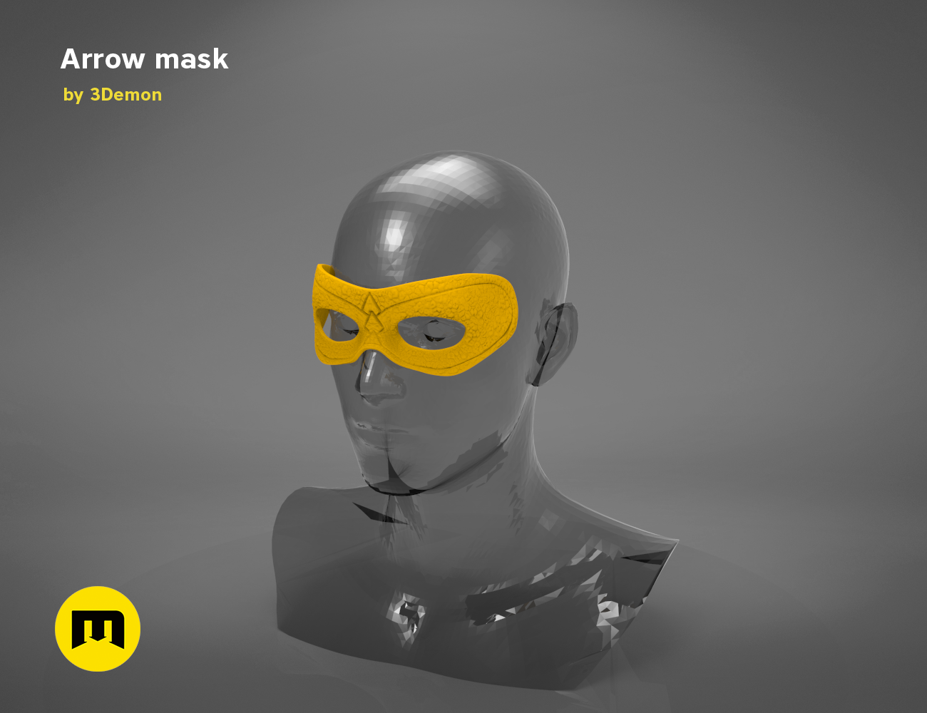 3D model render of Arrow mask, yellow and black futuristic face shield, 3D print cosplay prop