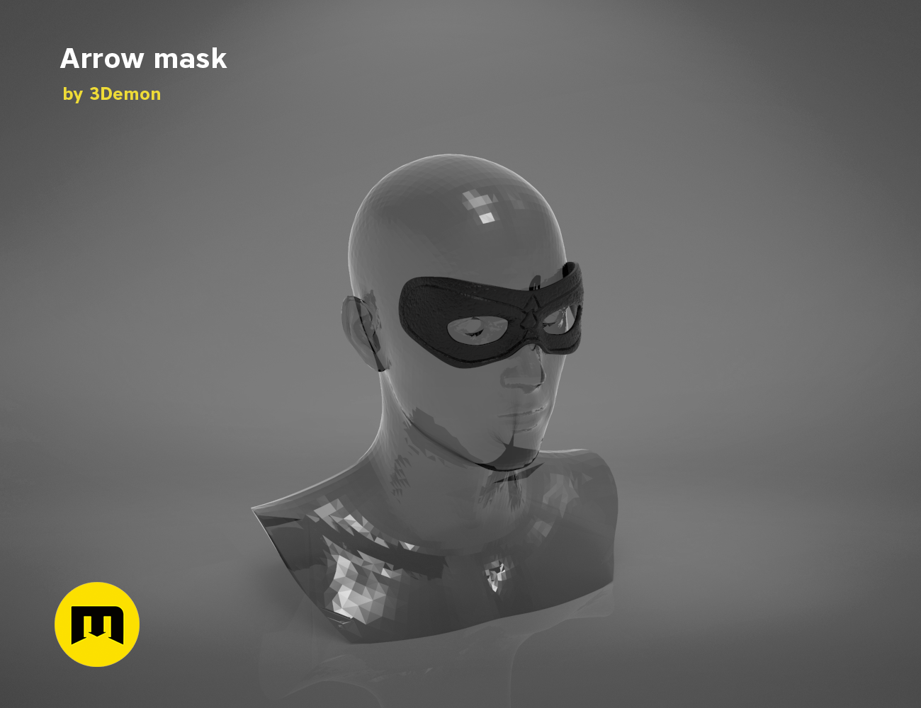 3D model render of Arrow mask, sleek futuristic cosplay prop with goggles, 3D print