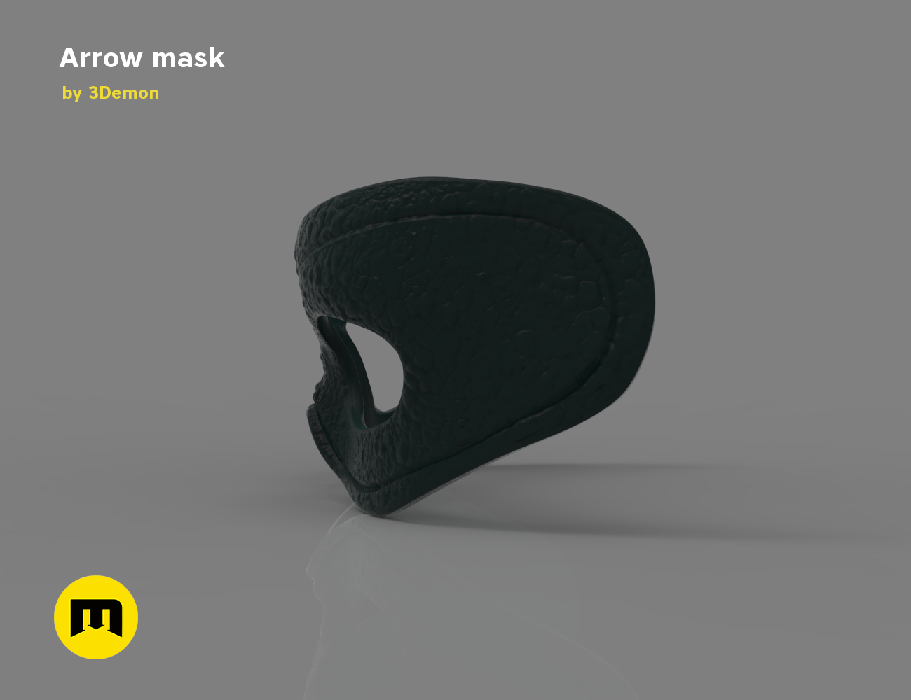 3D model render of Arrow mask, dark textured cosplay prop, side view STL preview