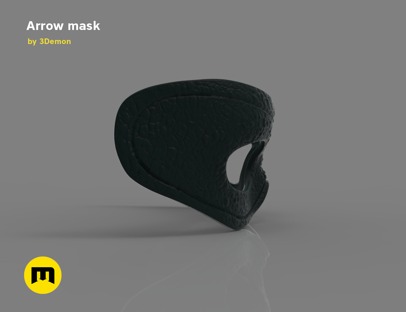 3D model render of Arrow mask STL, dark matte cosplay prop with eye cutout