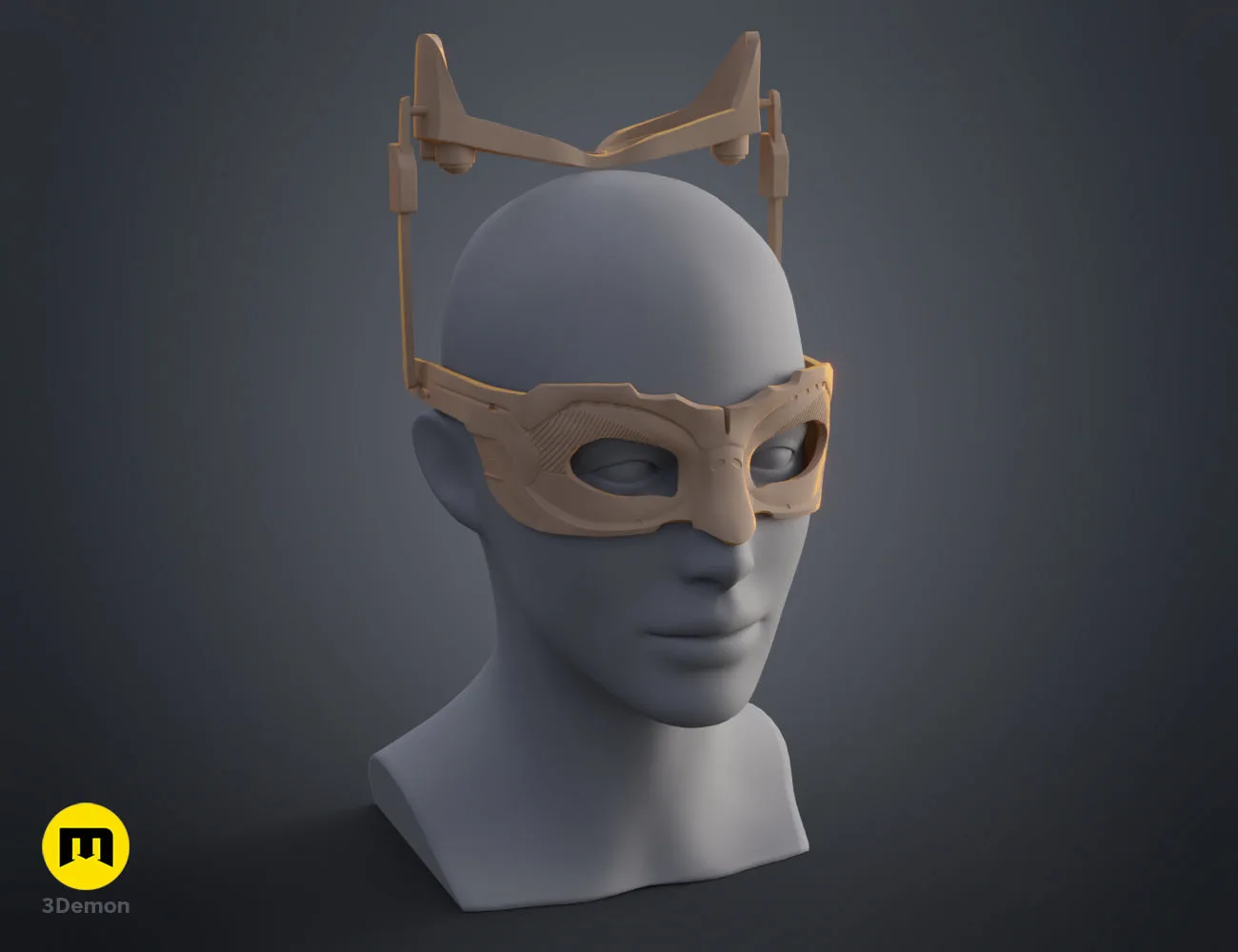 3D model render of Catwoman mask - Dark Knight Rises, sleek metallic cosplay prop STL