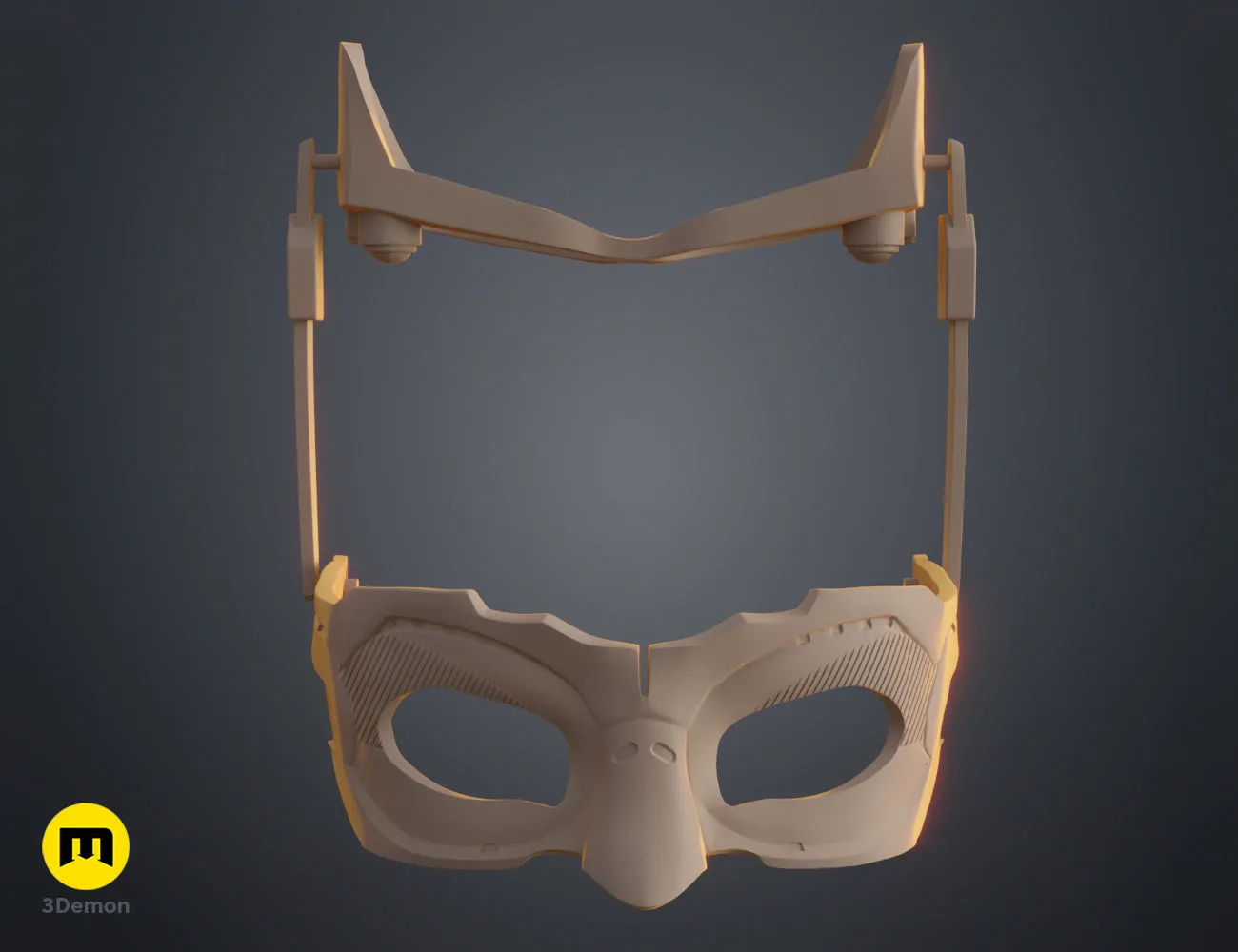 3D model render of Catwoman mask - Dark Knight Rises, sleek cosplay prop with strap detail.