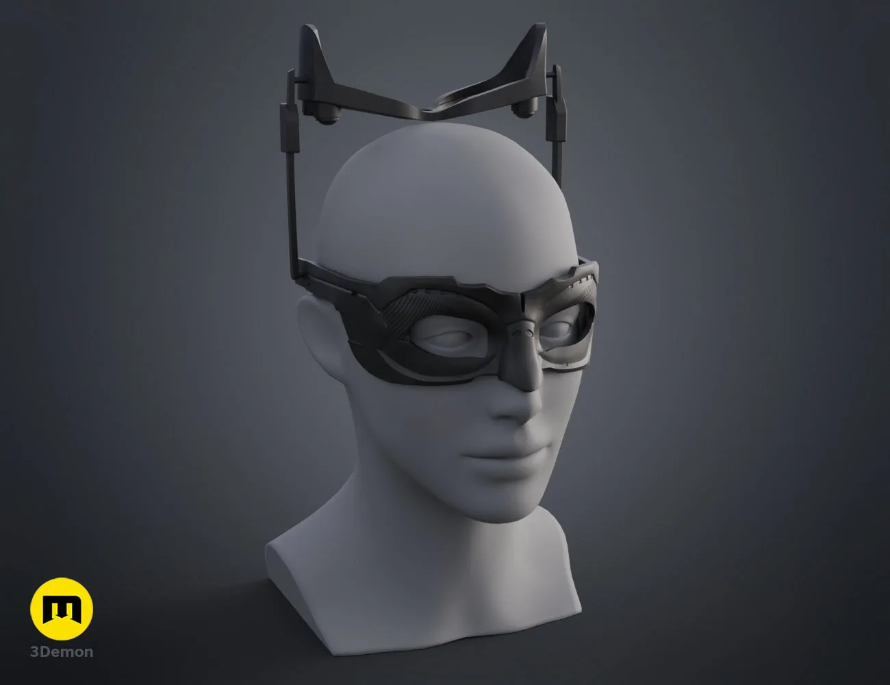 3D model render of Catwoman mask - Dark Knight Rises, sleek headpiece with goggles, 3D print cosplay prop