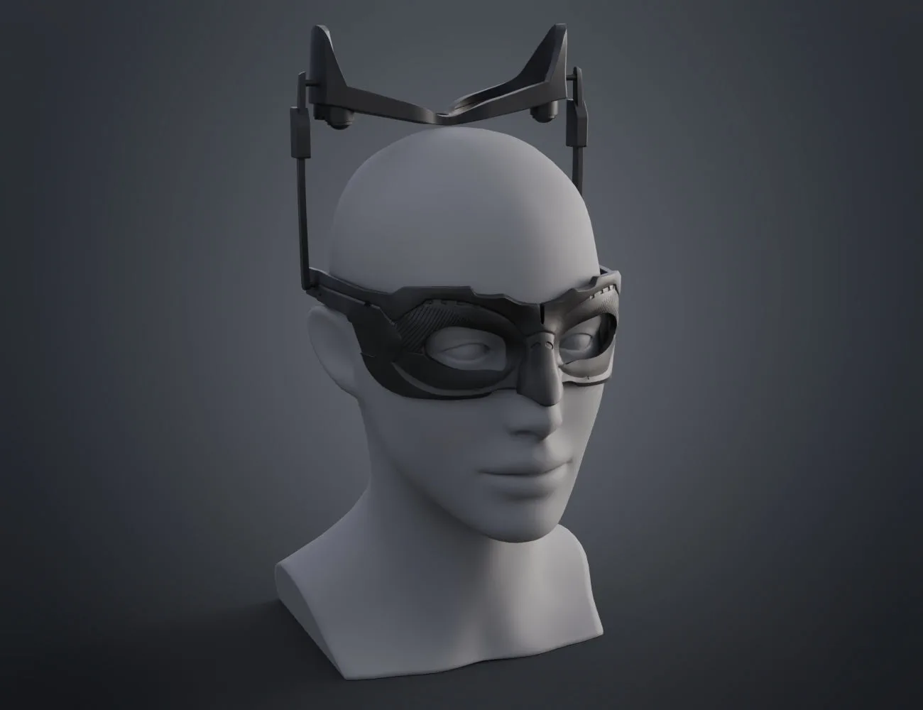 3D model render of Catwoman mask - Dark Knight Rises, sleek headpiece with goggles, cosplay prop