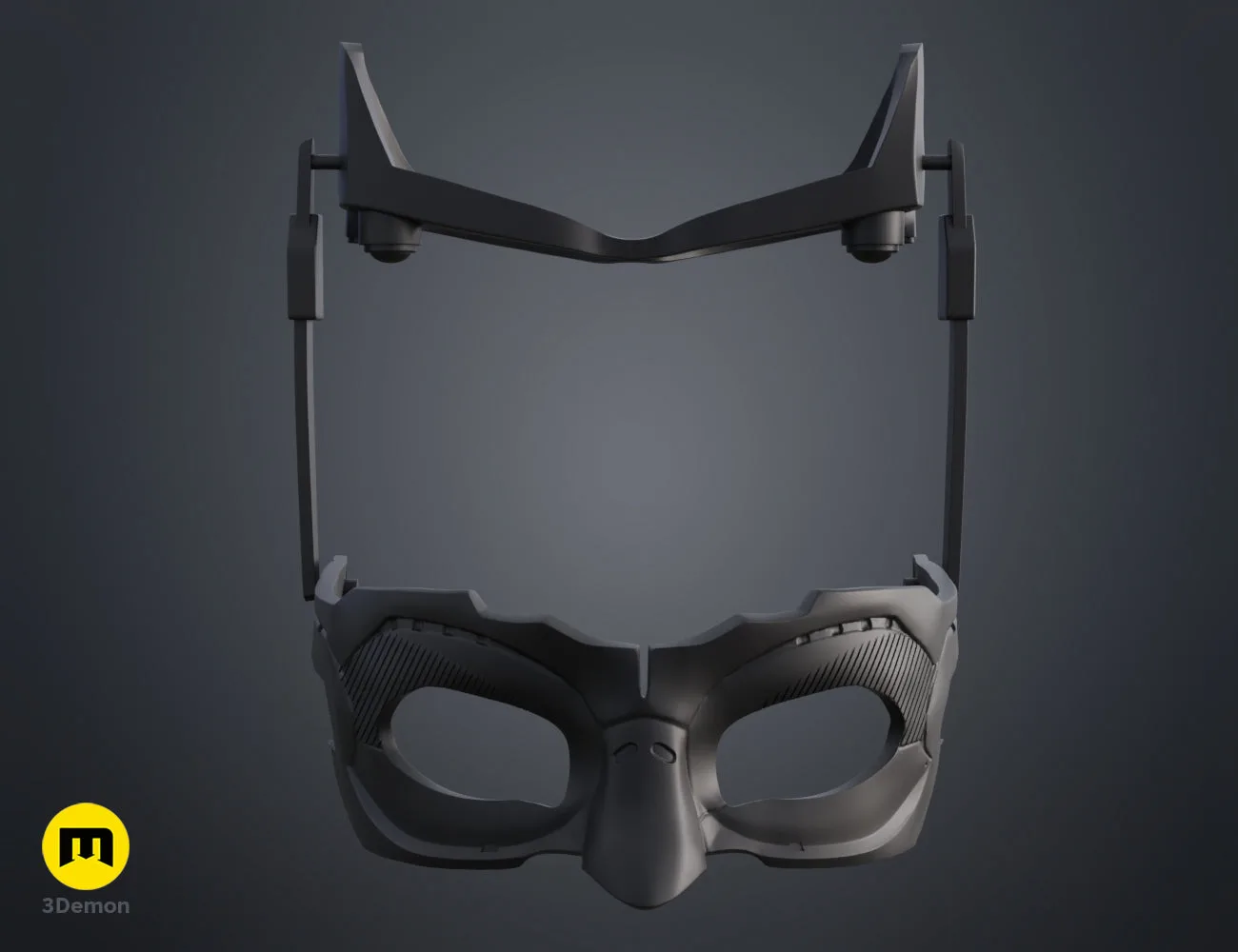 3D model render of Catwoman mask - Dark Knight Rises, sleek front view, 3D print cosplay prop