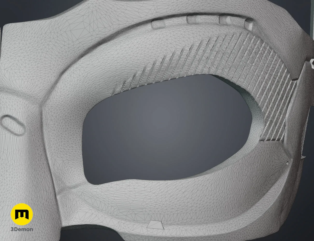 Wireframe mesh render of Catwoman mask STL, Dark Knight Rises, detailed face mesh topology, 3D print cosplay prop