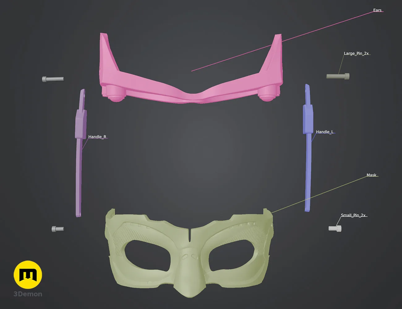 Color-coded parts breakdown of Catwoman mask - Dark Knight Rises, exploded view 3D print cosplay prop
