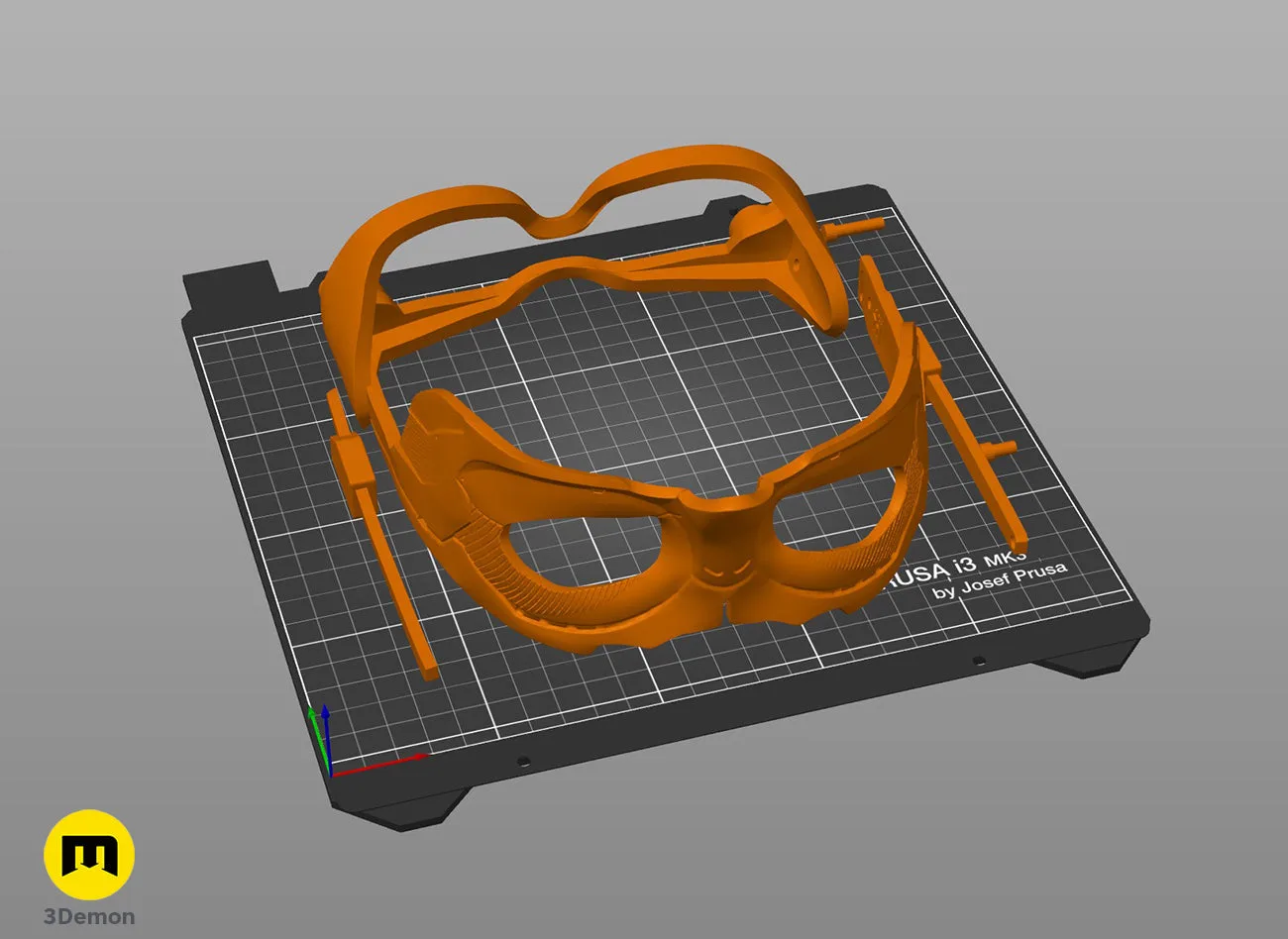 Slicer screenshot of Catwoman mask - Dark Knight Rises STL, orange parts on Prusa print bed