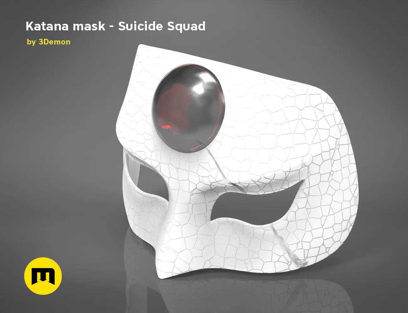 3D model render of Katana mask - Suicide Squad cosplay prop, white with red eye detail