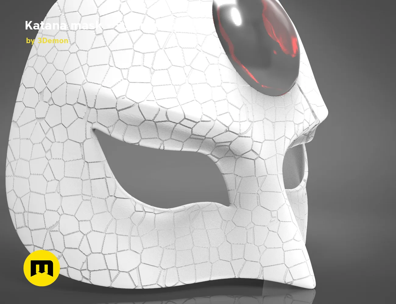 Wireframe mesh render of Katana mask STL, cracked armor texture with eye socket detail, 3D print cosplay prop