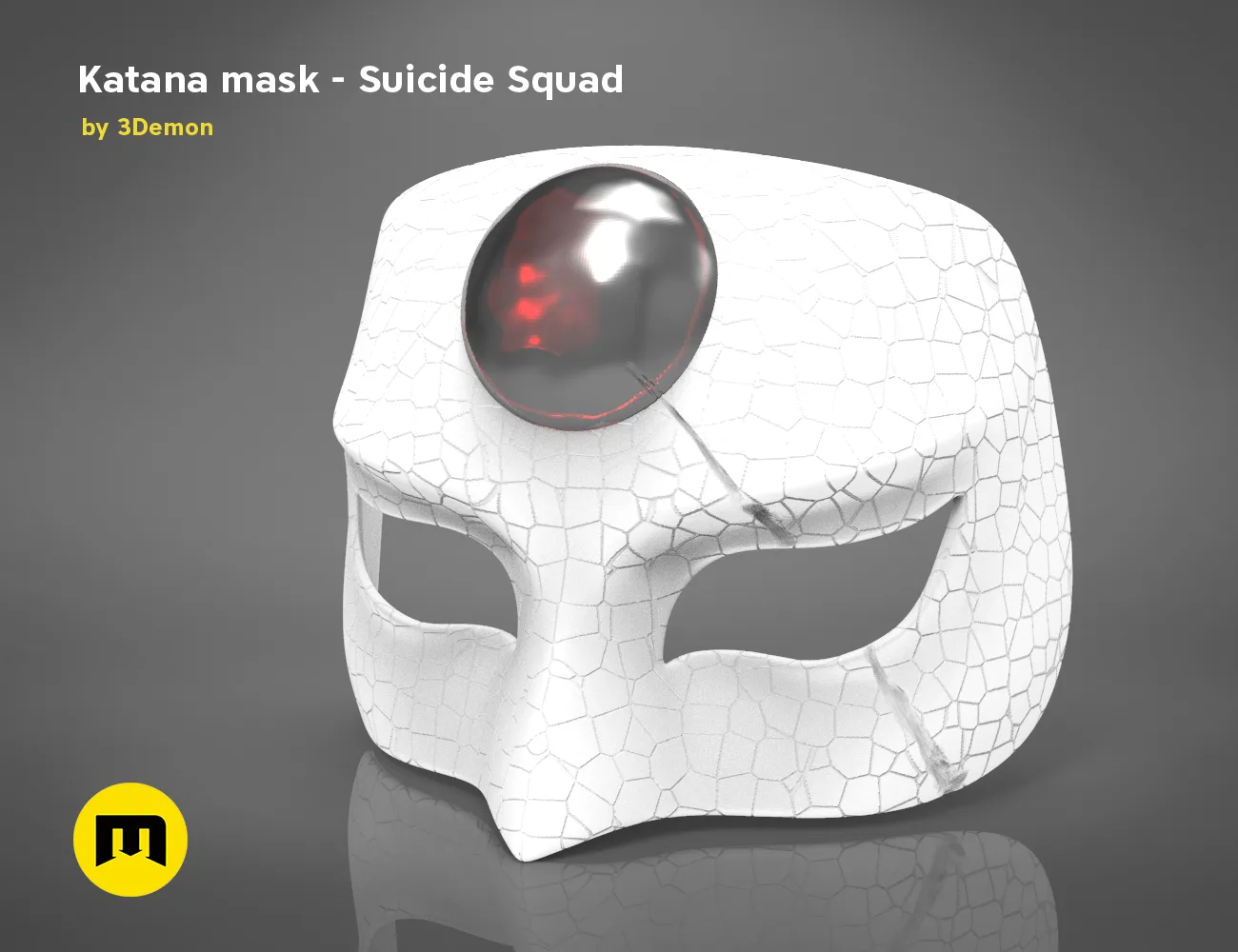3D model render of Katana mask, Suicide Squad cosplay prop, front view with red eye detail