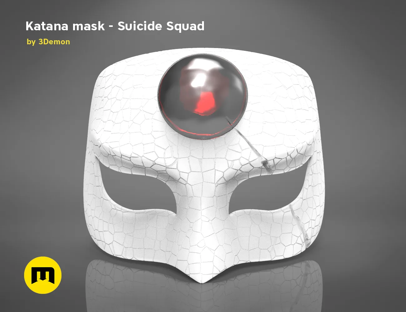 3D model render of Katana mask, Suicide Squad cosplay prop, front view with red eye detail