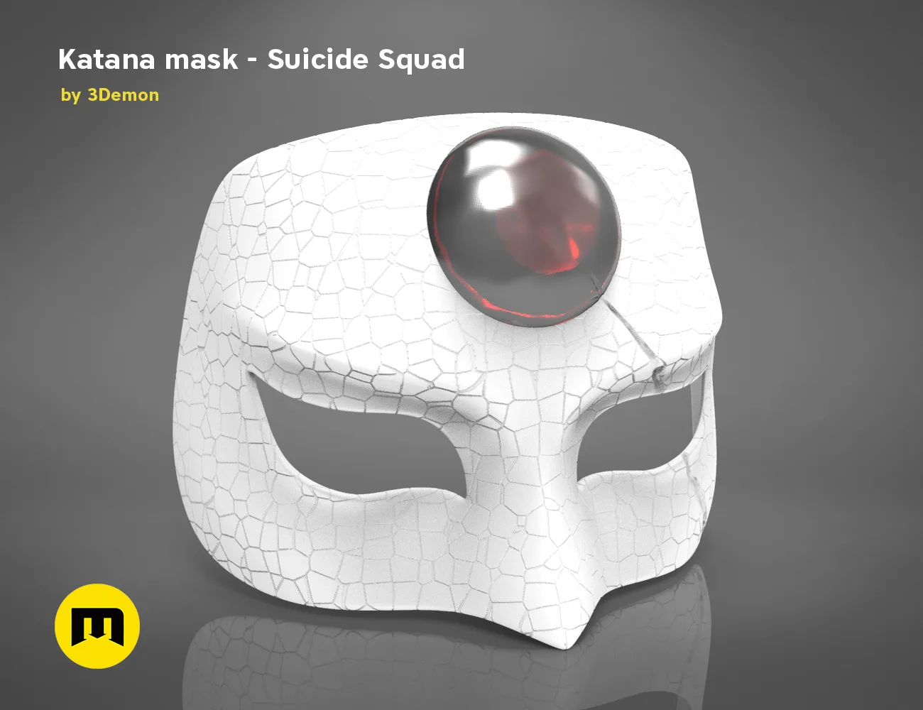 3D model render of Katana mask, Suicide Squad cosplay prop, red glowing eye detail