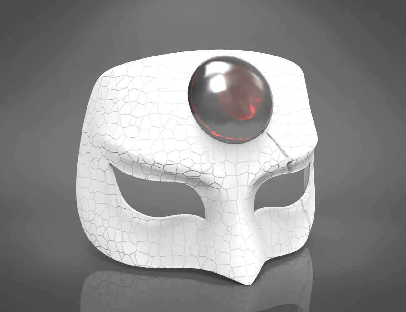 Wireframe mesh render of Katana mask STL, front polygon structure with eye cavity detail, 3D print cosplay prop