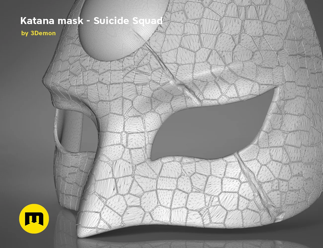 Wireframe mesh render of Katana mask STL, Suicide Squad cosplay prop, detailed polygon topology